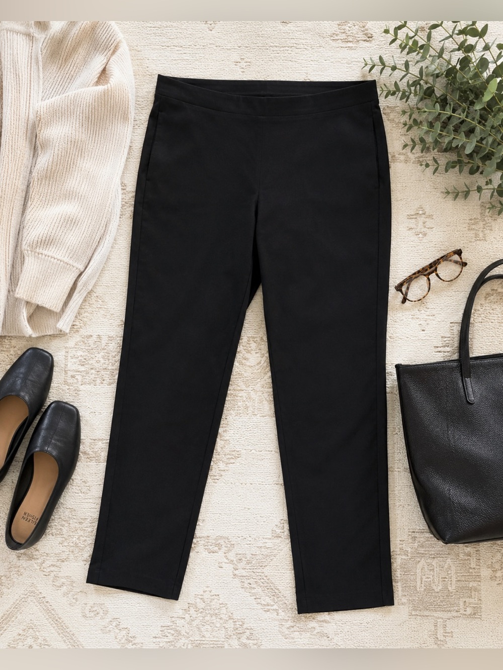 Eileen Fisher Women’s Large Black Slim Ankle Pants Organic Cotton Blend Pull On